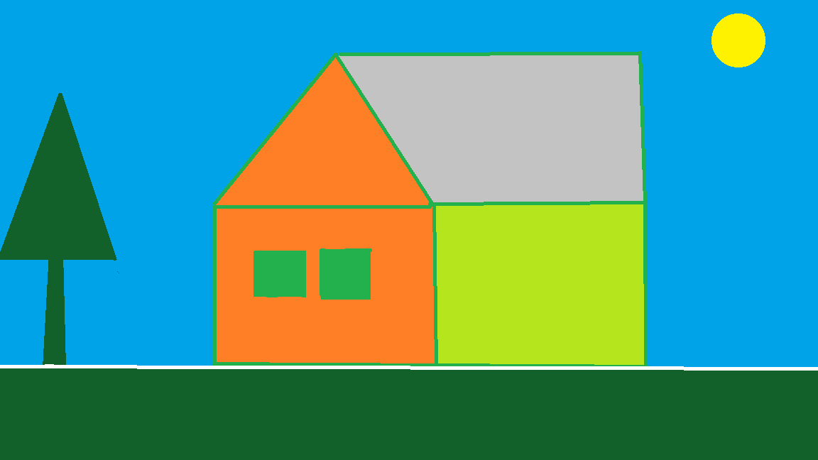 Colorful house with orange roof, green walls, and gray roof on a blue background with a yellow sun and green tree.